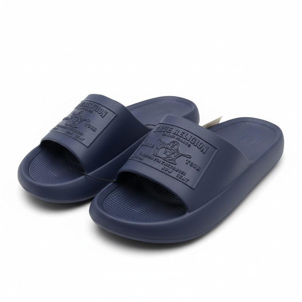 True Religion Mens Wayne Slides Navy Blue Buddha World Tour Sandals Size 13 NEW